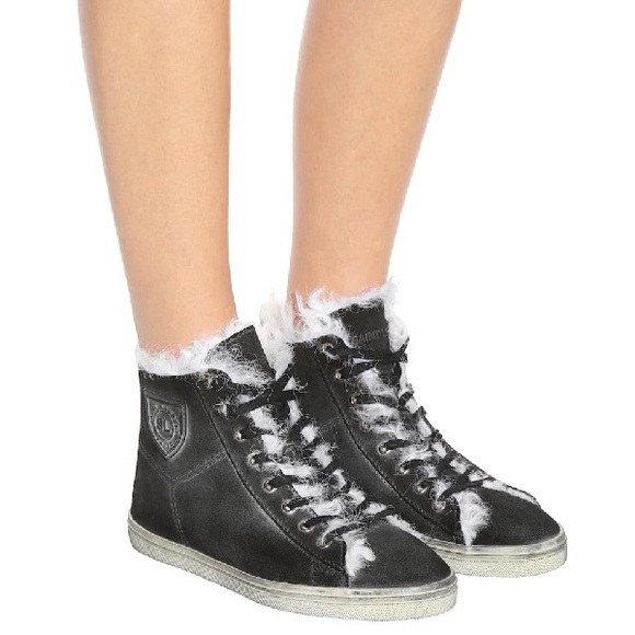 Saint Laurent Rivington logo black suede and fur high-top sneaker IT 37.5 US 7.5 - Picture 15 of 16
